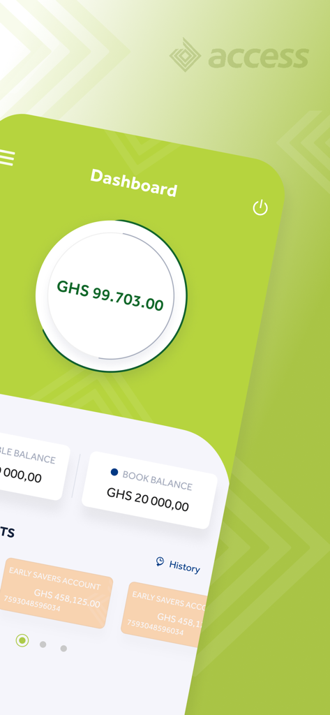 GHS 계좌 잔액을 보여주는 Access Bank Ghana 앱 대시보드