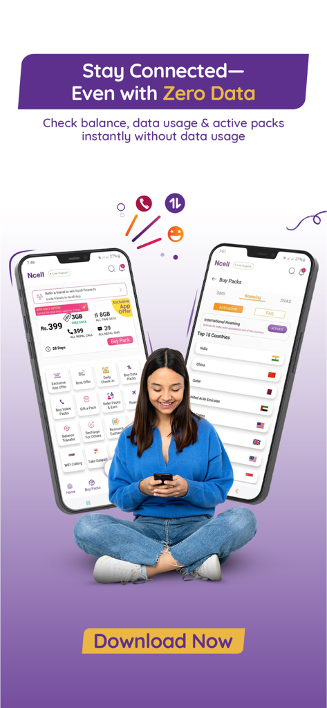 Ncell - Ncell app promotional screen showing balance check data packs and roaming activation features.