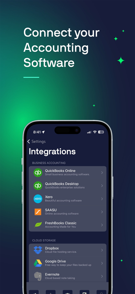 Veryfi app screen showing accounting software integrations like QuickBooks and Xero
