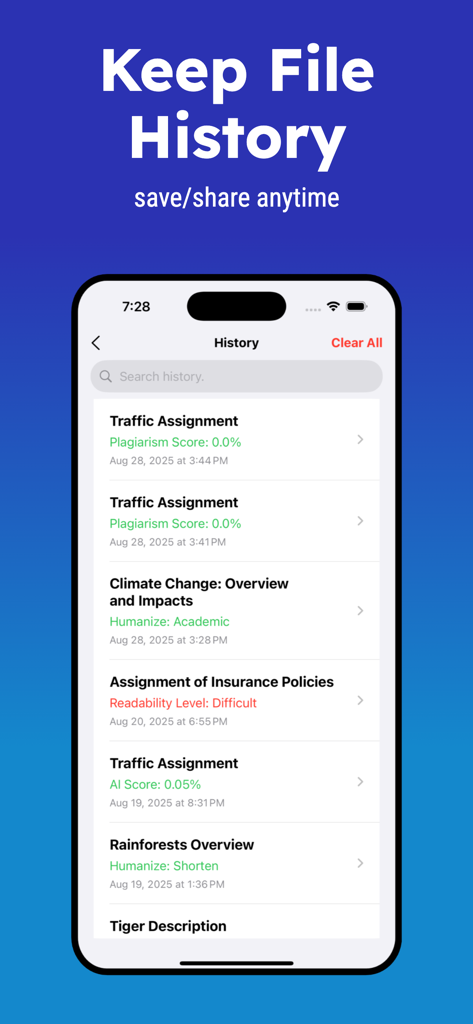 Plagiarism Checker - Detect AI - Pantalla de historial de la aplicación Detector de Plagio que muestra una lista de documentos escaneados con puntuaciones de plagio y resultados de detección de IA