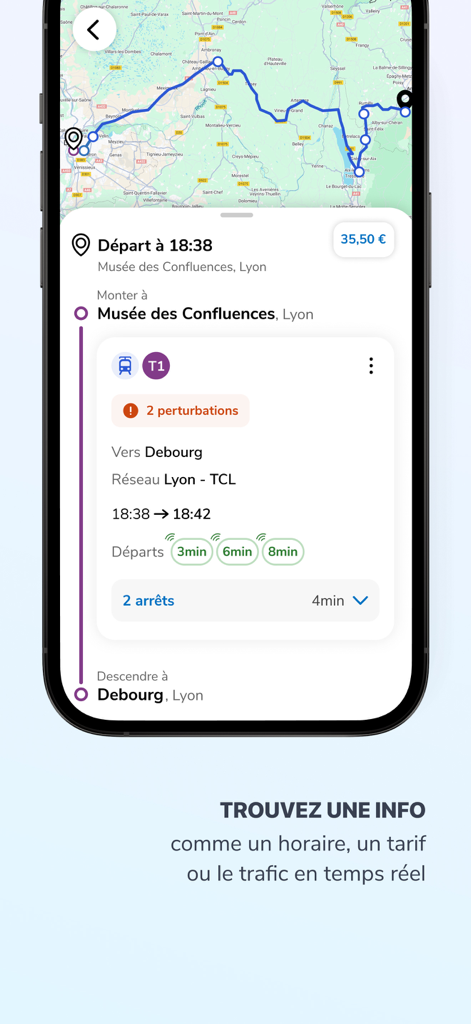 Oùra - Oura mobile app interface showing real-time tram schedules and a transit route map for Lyon France