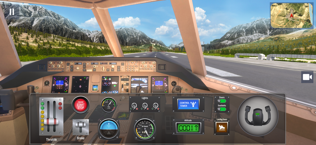 Airplane Pro: Flight Simulator - Realistischer Blick aus dem Cockpit eines Flugzeugs auf einer Landebahn mit Bergen im Hintergrund