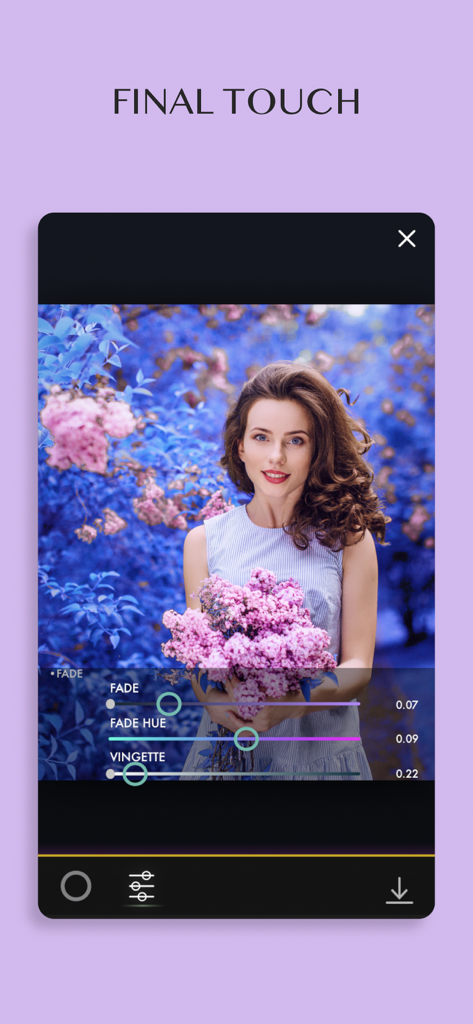 Full Spectrum Camera - La interfaz de edición final de la app Cámara de Espectro Completo mostrando deslizadores de ajuste de color para un retrato surrealista.