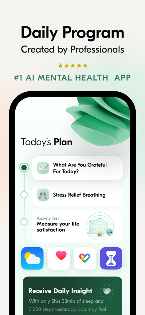 감사 및 호흡 운동이 포함된 개인 맞춤형 일일 정신 건강 프로그램을 보여주는 VOS 앱 인터페이스