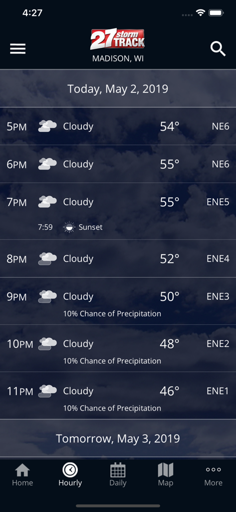 Hourly weather forecast in 27StormTrack app for Madison Wisconsin