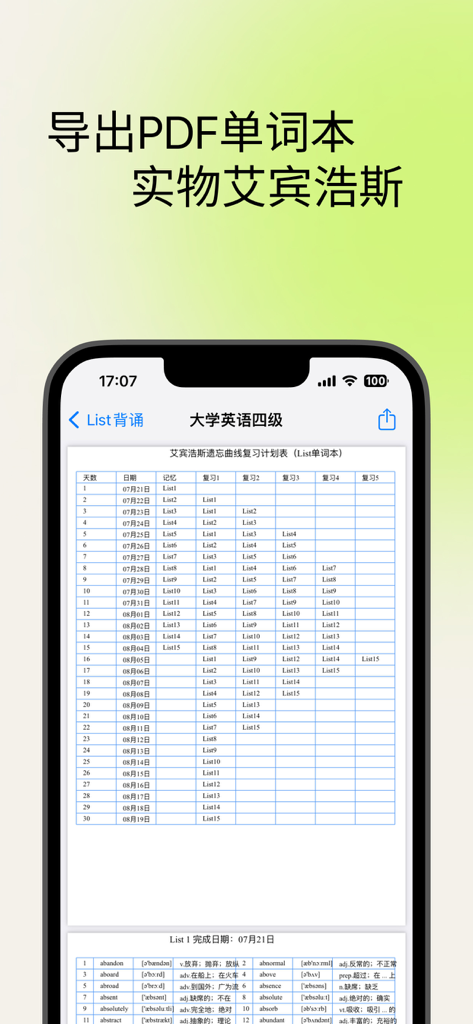 Ebbinghaus forgetting curve review schedule and vocabulary list within the ListAI app for PDF export.