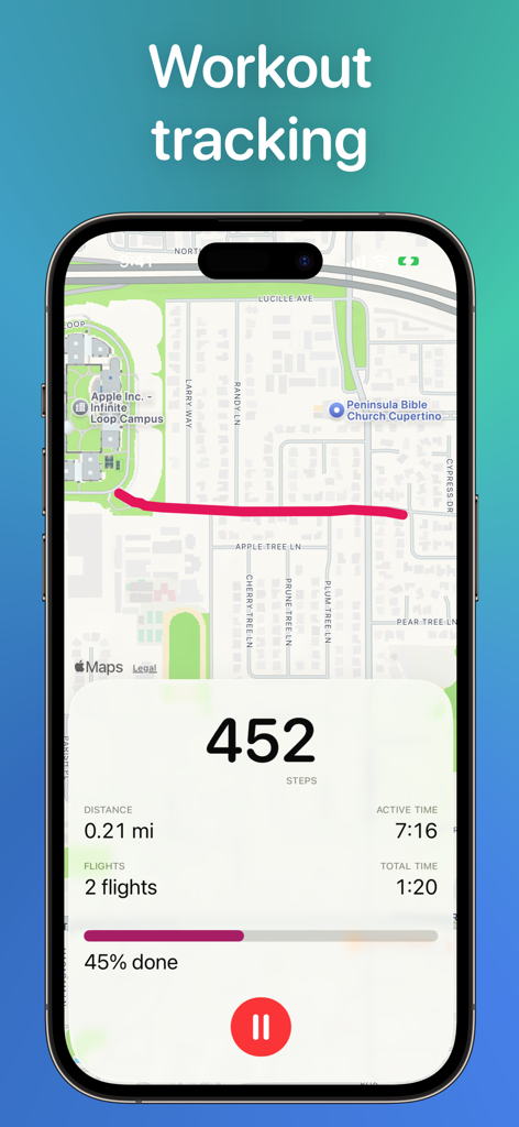 Steps app interface showing a workout route on a map with step count and distance data