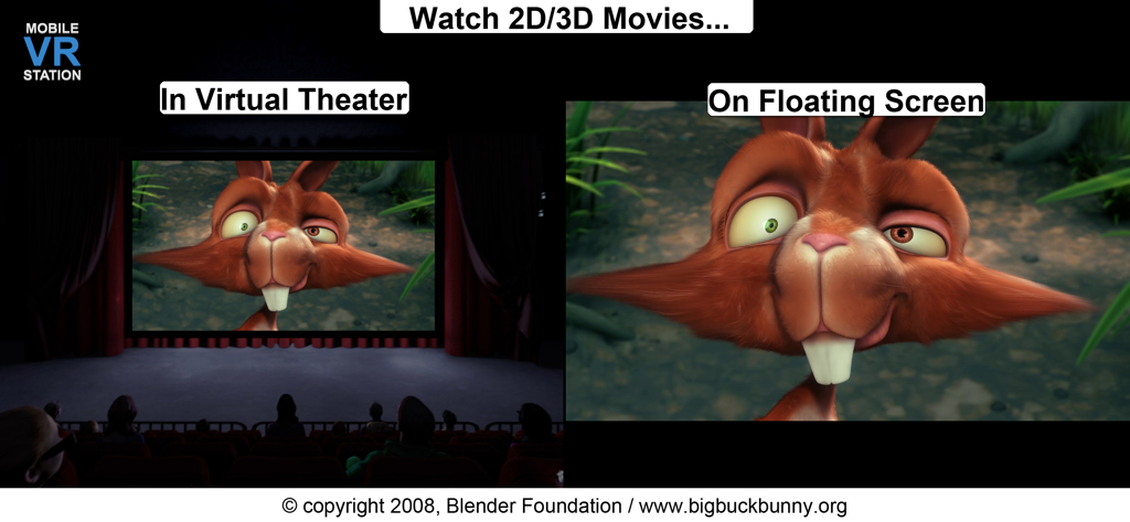 Mobile VR Station® - Screenshot of Mobile VR Station showing Virtual Theater and Floating Screen modes for watching 2D and 3D movies