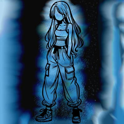 girl in baggy pants crop top and long hair