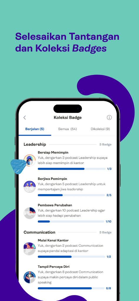 Inspigo Learning Experience - Inspigo app interface showing badge collection and progress bars for leadership and communication skills