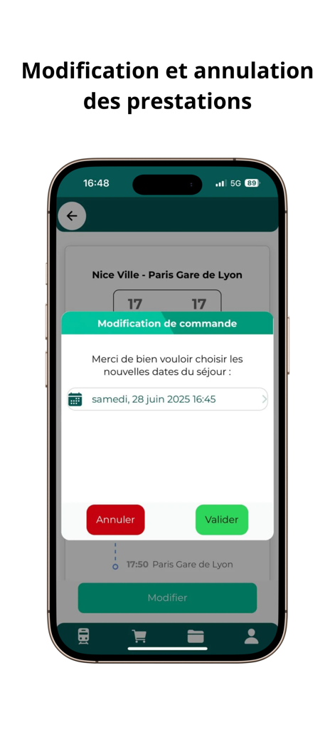Una pantalla móvil que muestra una ventana emergente para modificar o cancelar una reserva de tren en la aplicación de negocios SNCF Portail Entreprises