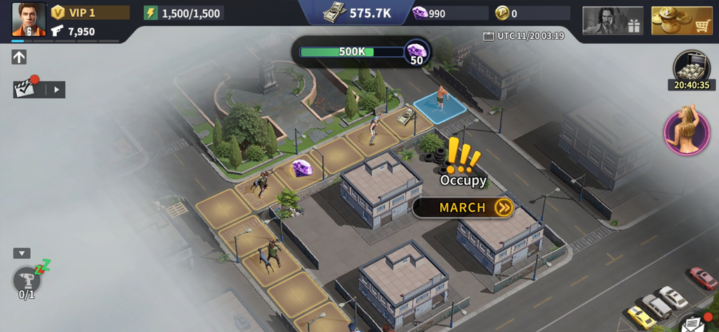 Grand Gangster War - Top down isometric view of a city map in Grand Gangster War featuring territory expansion and resource gathering