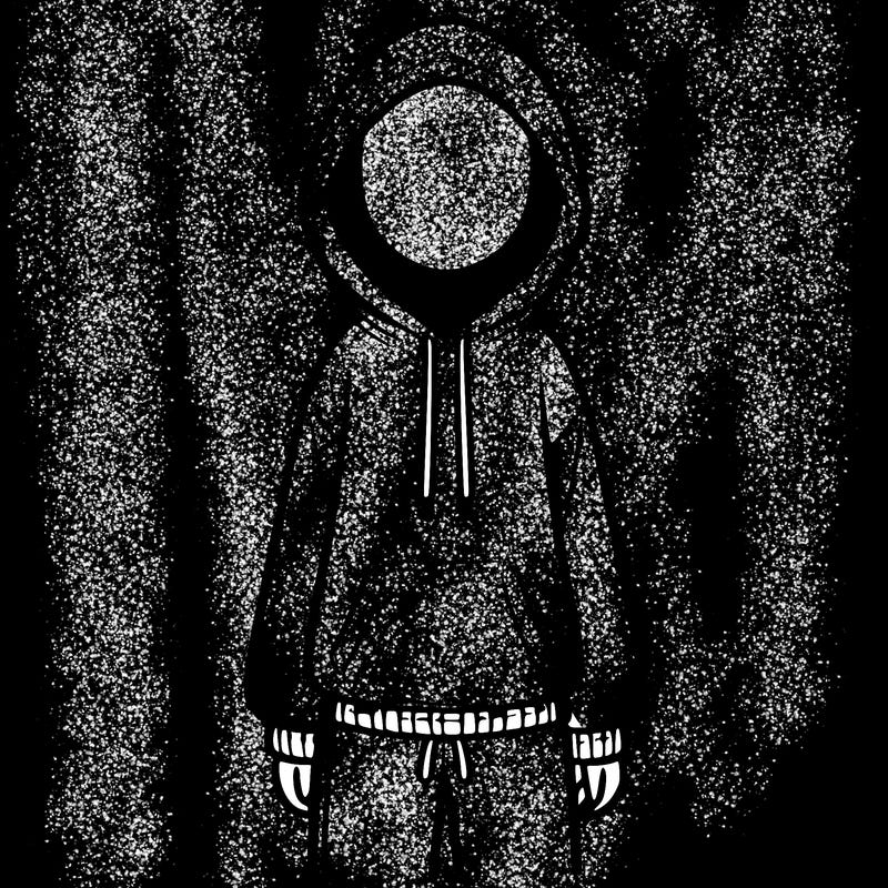 faceless girl in a tracksuit with a hood on and no hair