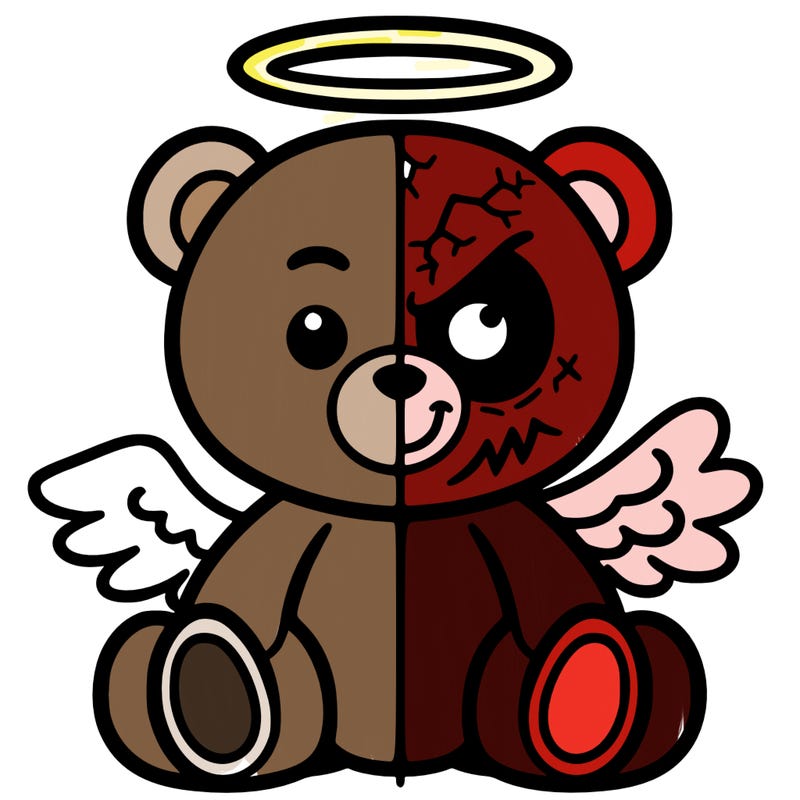 teddy bear split in half one side is evil and the other half has a halo above thier head