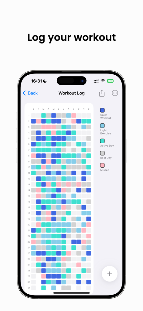 My Year in Pixels - CLY Pixel - Yearly workout log in CLY Pixel app showing a color-coded pixel grid for tracking daily fitness activities.