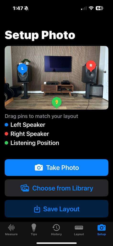 HiFi Setup: Bass & Speakers - Oberfläche zum Kartieren von Lautsprecher- und Hörpositionen mithilfe eines Raumfotos in der HiFi Setup App