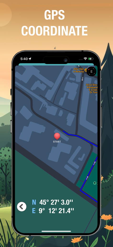 Pantalla de smartphone de la aplicación Altímetro GPS que muestra coordenadas precisas de latitud y longitud en un mapa de navegación con un marcador de ruta.