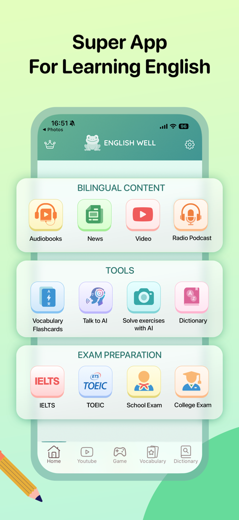 English Well 앱 인터페이스는 이중 언어 콘텐츠 AI 도구 및 시험 준비 섹션을 보여줍니다
