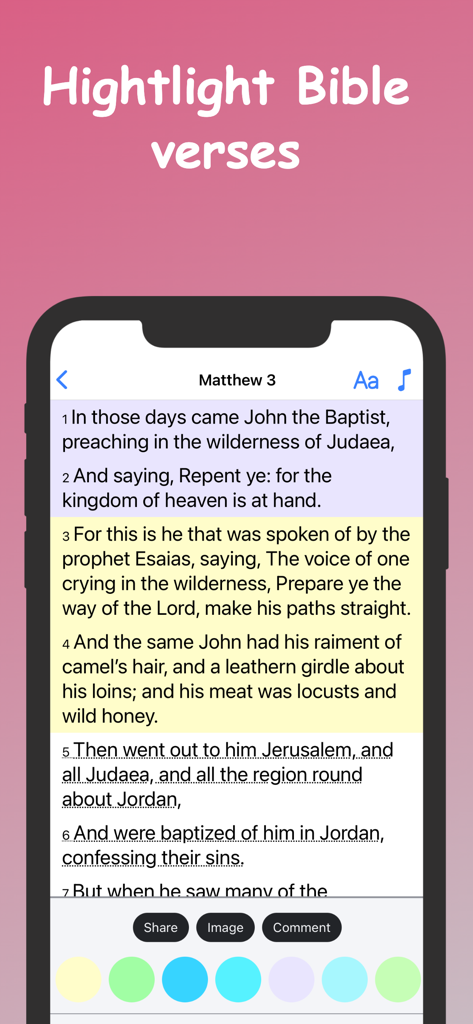Interfaz de aplicación móvil mostrando versículos bíblicos resaltados con opciones de personalización de color