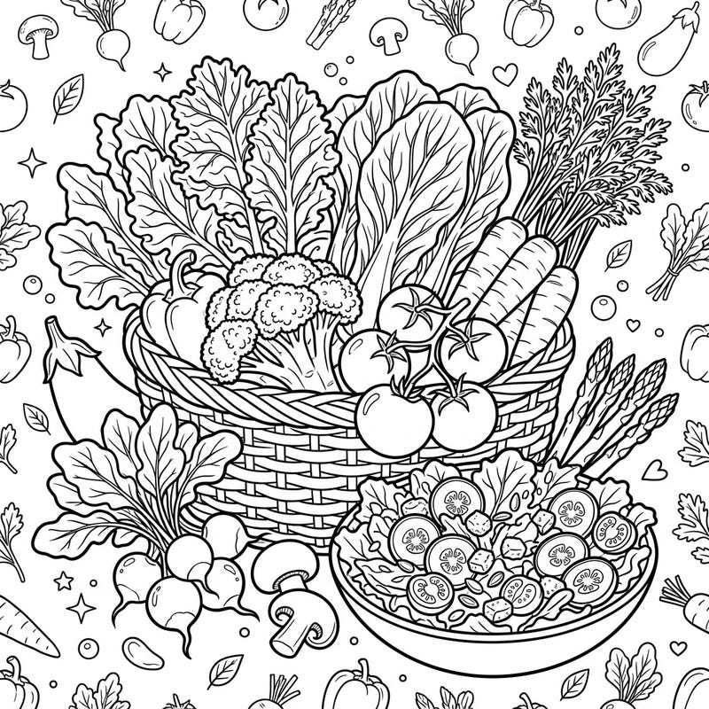 Dive into a delicious world with this teen-friendly coloring page, bursting with a bounty of fresh vegetables and a vibrant salad. It's the perfect canvas to express your creativity while celebrating healthy eating.