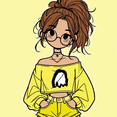 girl with a messy ponytail glasses a baggy crop top and jean shorts