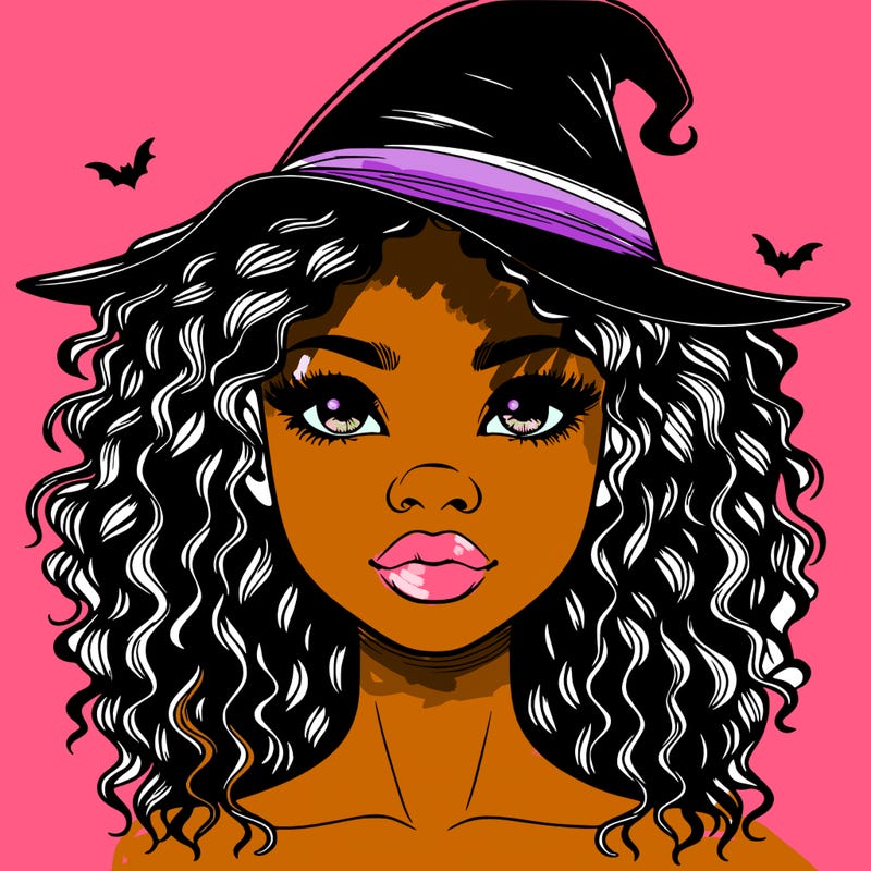 realistic black girl with wavy hair and witch hat and nose and lips