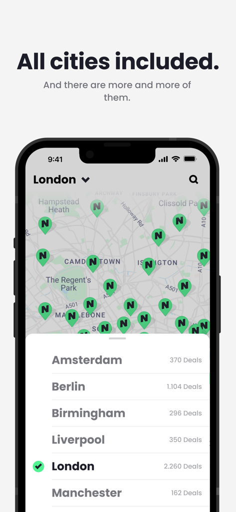 NeoTaste - NeoTaste app screen showing a map of restaurant locations in London and a list of available cities with their respective deal counts