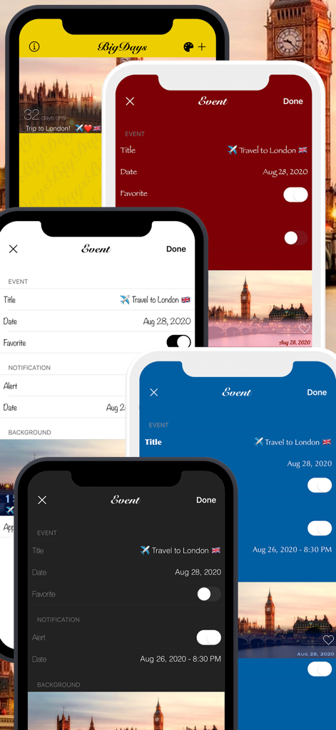 Big Days - Events Countdown - Multiple colorful smartphone screens showing the Big Days app interface for tracking a London trip event