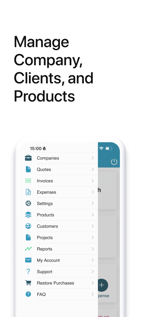 Main menu of Invoice 4all app showing business management options for companies, clients, and products.