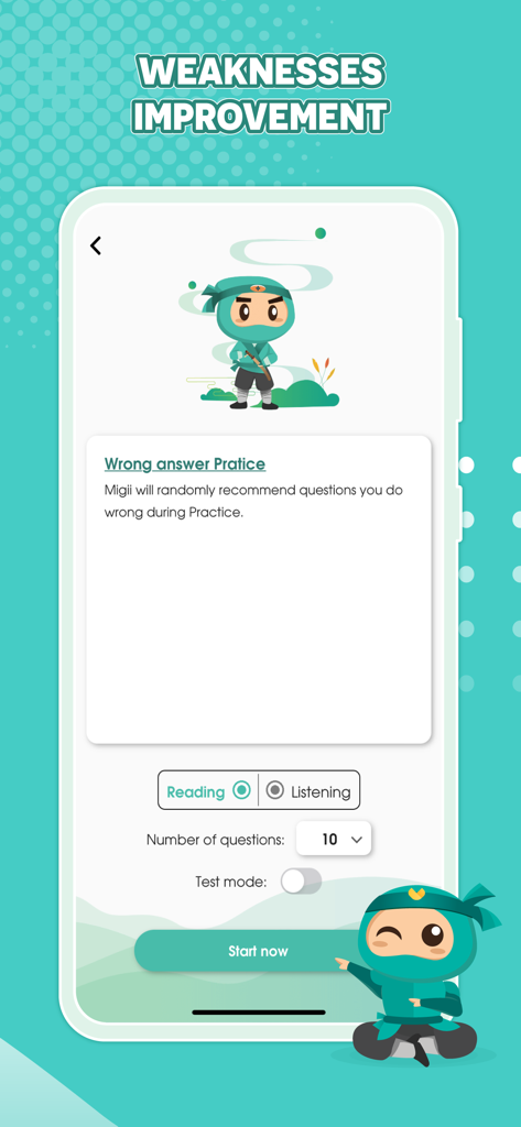 Pantalla de la aplicación Migii Prep que muestra la práctica de respuestas incorrectas para la mejora de debilidades en el TOEIC