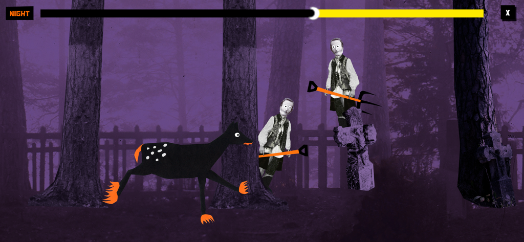 Real Vampires - A surreal 2.5D night forest scene from the game Real Vampires featuring a spotted creature and figures with tools.