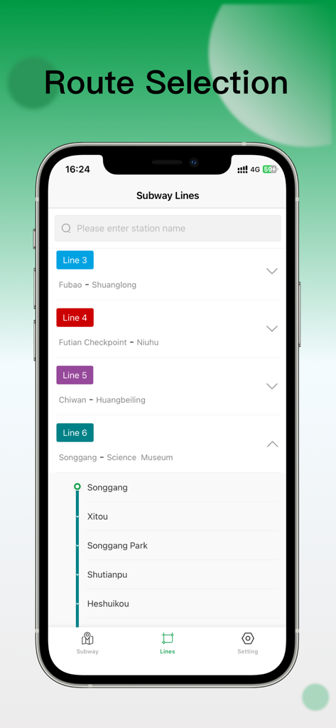 Interface of the Shenzhen Metro Map app showing a list of subway lines and station routes in English
