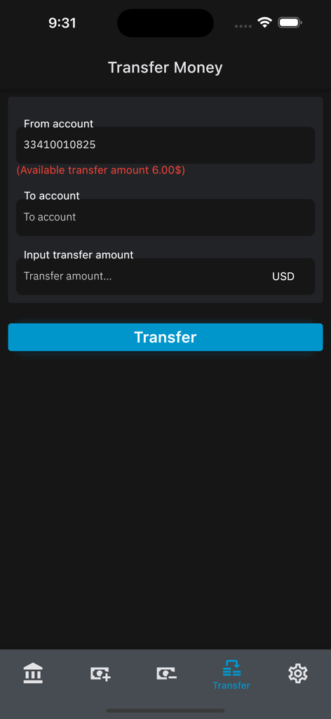 거래 계좌 간 자금 이체를 위한 DIDIMAX Trader 앱의 자금 이체 인터페이스