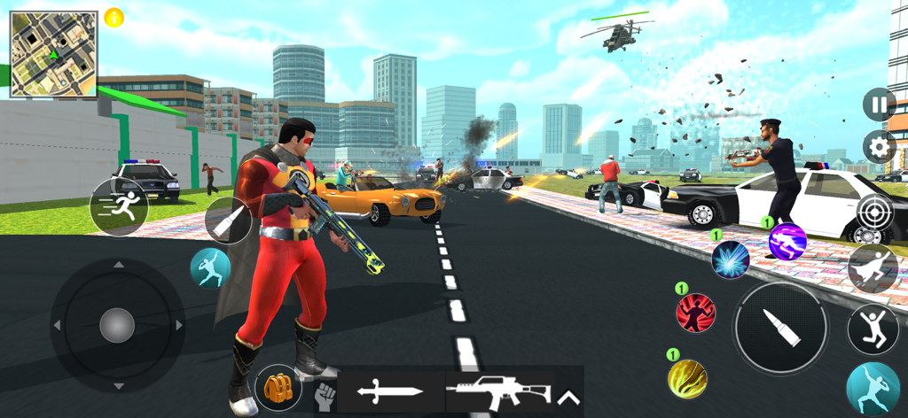 Flying Hero City Crime RPG - Superhero character with a rifle in a city street combat scene with police cars and explosions.