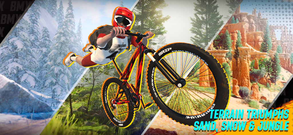 BMX Bike Race - Bicycle games - Un ciclista de BMX realiza una acrobacia en el aire a través de niveles de paisajes urbanos, montañosos y forestales