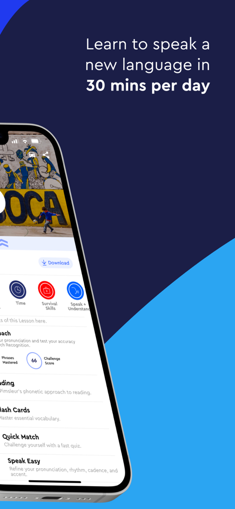 Pimsleur | Language Learning - Interfaccia dell'app Pimsleur su uno smartphone che mostra lezioni e strumenti di apprendimento linguistico con un obiettivo di 30 minuti al giorno.