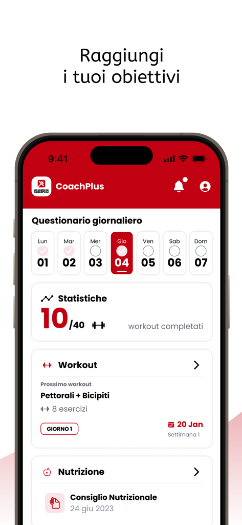 CoachPlus - Dashboard dell'app CoachPlus che mostra progressi di allenamento, programma di allenamento e consigli nutrizionali.