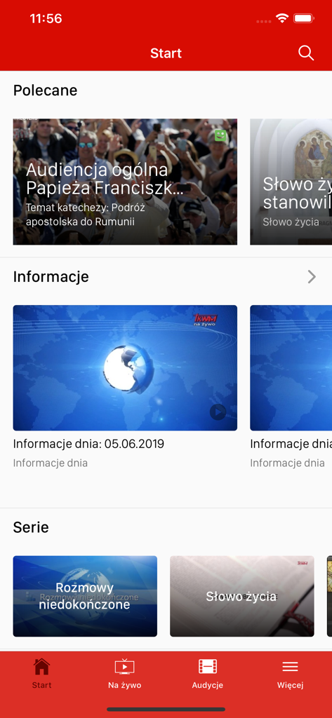 Trwam TV app home screen displaying religious news and featured catholic programs in Polish
