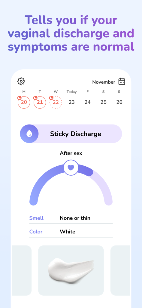 Moonly app interface for tracking vaginal discharge symptoms including color and consistency