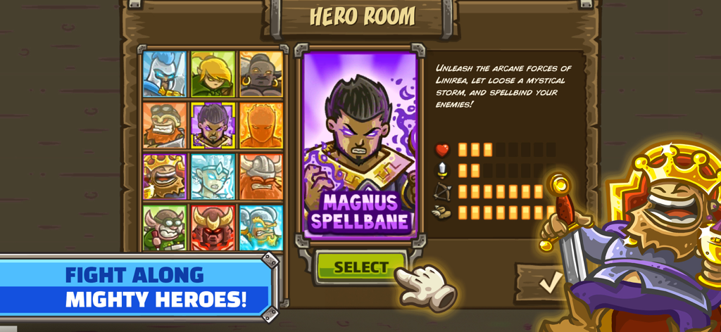 Tela de seleção de heróis em Kingdom Rush apresentando Magnus Spellbane e uma grade de vários retratos de personagens