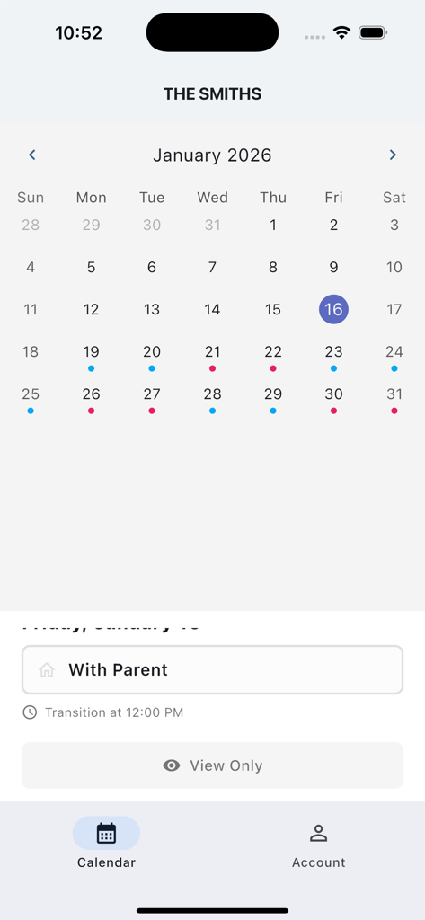 Child Custody Calendar - Monthly co-parenting calendar interface showing color-coded custody days and transition schedules