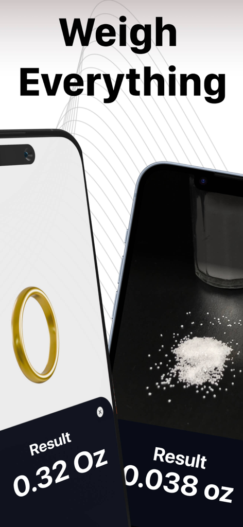 Interfaccia dell'app Scale For Grams che mostra la stima del peso AI di un anello d'oro e polvere su iPhone