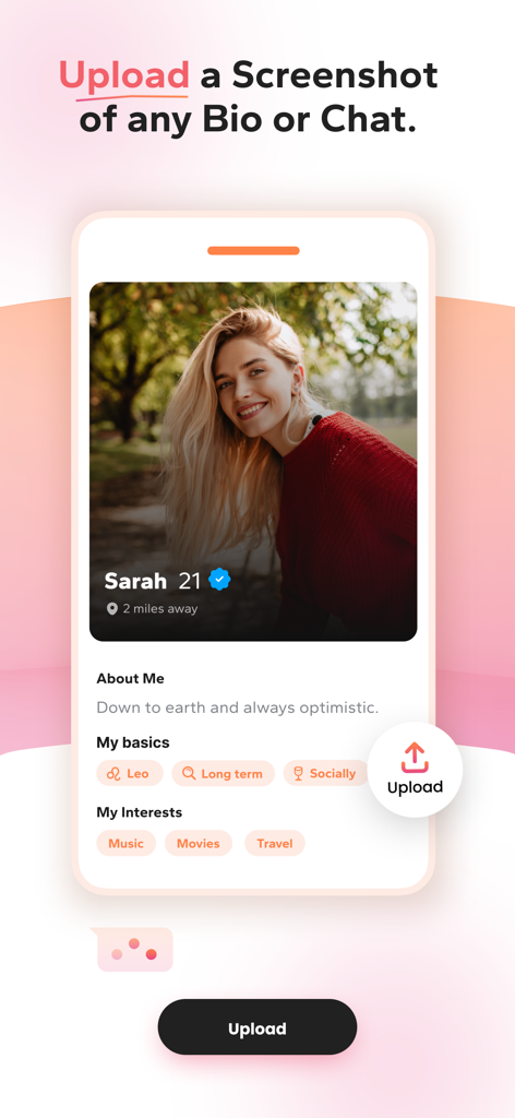 WingAI: Your AI Wingman - Interfaz que muestra la opción de cargar una captura de pantalla de perfil de citas a WingAI para la generación de mensajes.