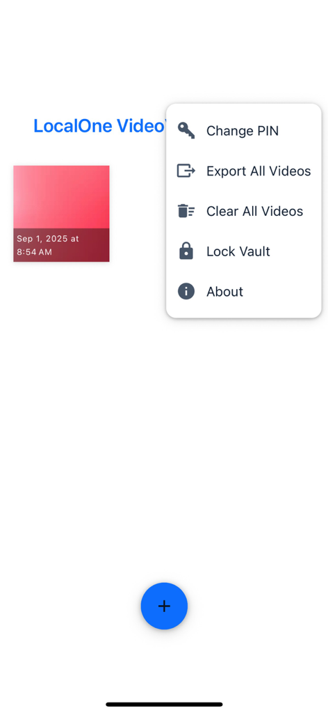 LocalOne VideoVault - PIN 변경, 동영상 내보내기, 저장소 잠금 옵션을 보여주는 LocalOne VideoVault 앱 메뉴
