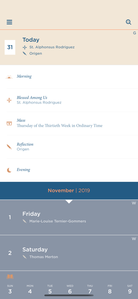 Give Us This Day - The daily prayer and liturgical calendar interface of the Give Us This Day mobile app showing morning and evening prayers mass texts and daily reflections