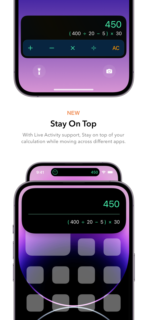 Calzy - An iPhone lock screen and home screen displaying Calzy calculations through Live Activity and Dynamic Island widgets.