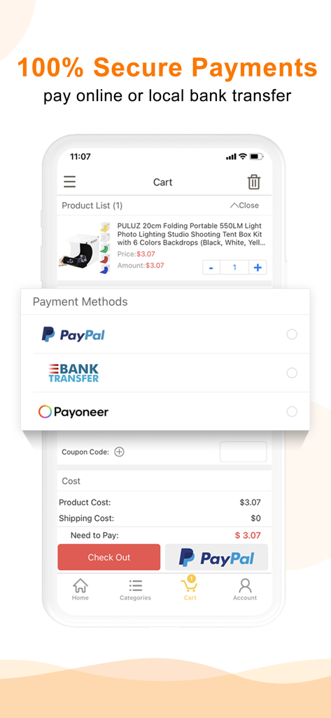 SUNSKY - Wholesale & Dropship - SUNSKY app checkout screen showing secure payment methods including PayPal, Bank Transfer, and Payoneer.