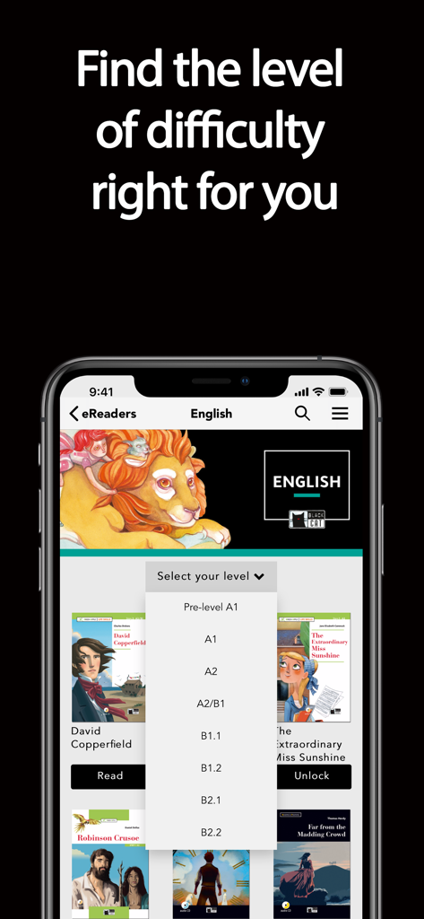 Schermo dell'app mobile che mostra un menu di selezione per i livelli di difficoltà di lettura in inglese da Pre-A1 a B2.2
