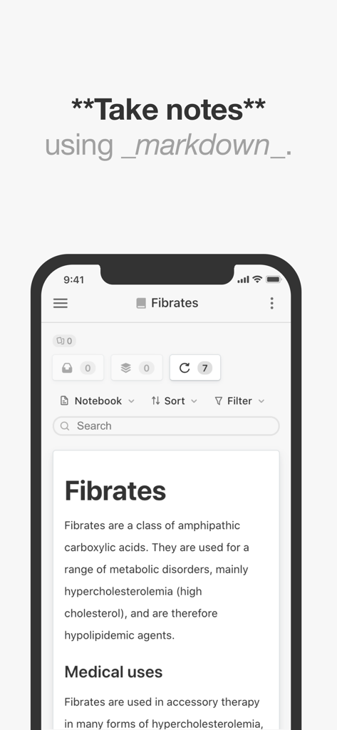 Mochi - Flashcards and notes - Mochi app interface showing medical notes on fibrates created with markdown