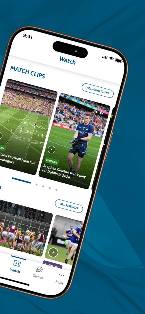Official GAA - Official GAA app watch screen displaying Gaelic football and hurling match clips